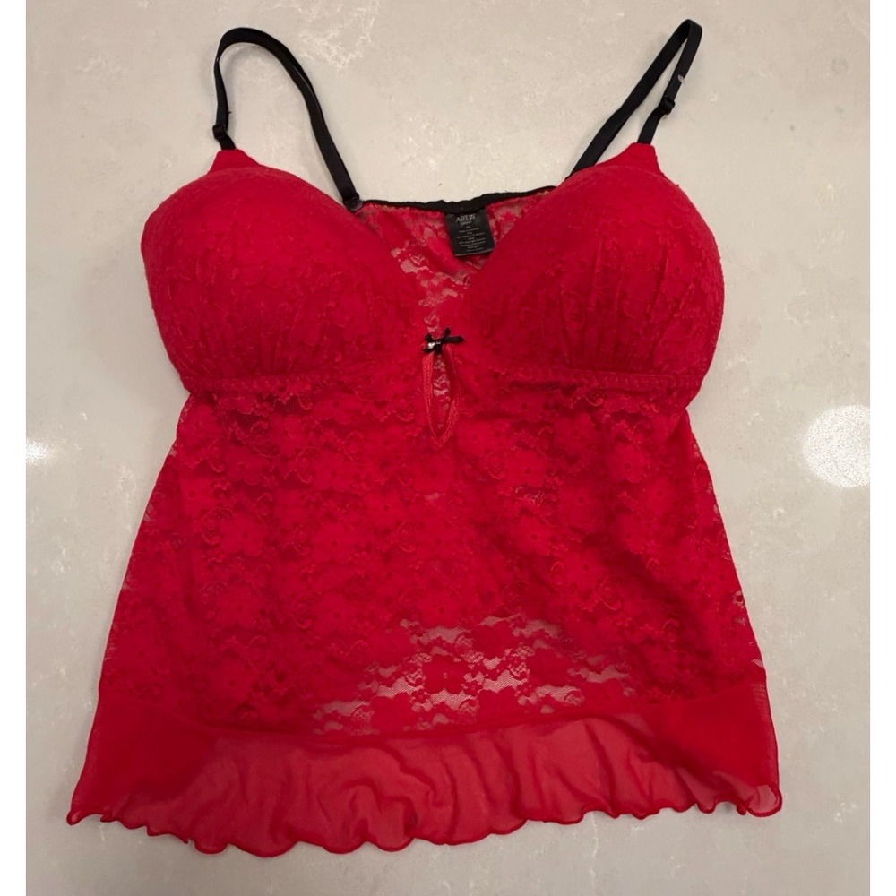 Apt 9 Lingerie 2X Red Floral Lace Babydoll Chemise Sheer Ruffle Plus Size